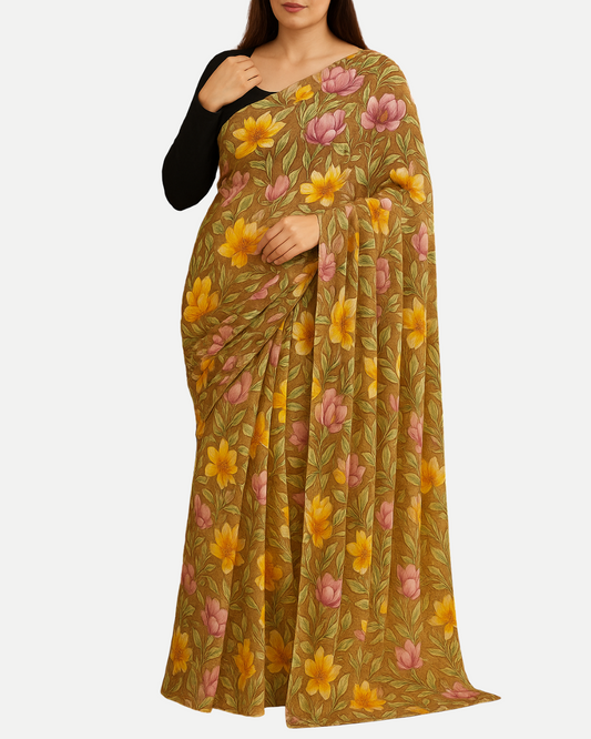Golden Bloom Floral Chiffon Saree